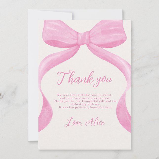 Tarjeta De Agradecimiento Pink Bow First Birthday Thank You Card (Anverso)
