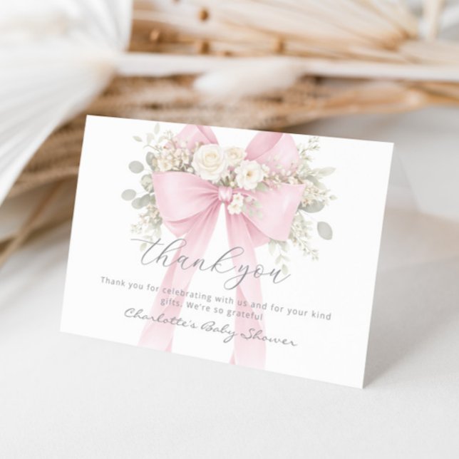 Tarjeta De Agradecimiento Pink Bow Floral Eucalyptus Baby Shower (Subido por el creador)