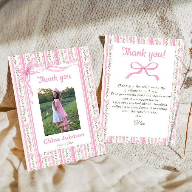 Tarjeta De Agradecimiento Pink Bow Floral Graduation (Subido por el creador)