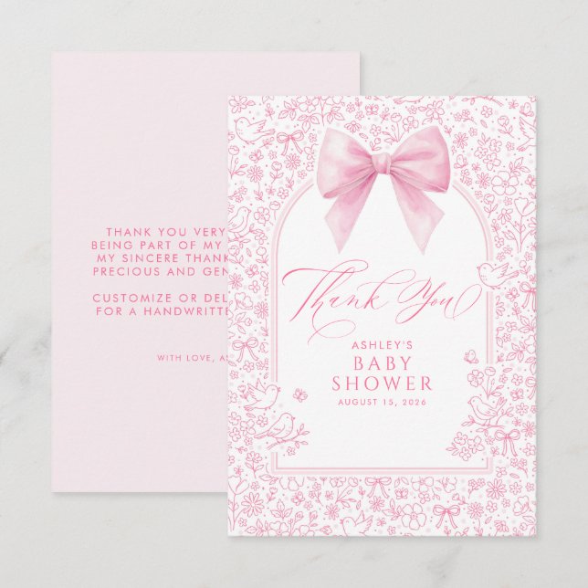 Tarjeta De Agradecimiento Pink Bow French Floral Chinoiserie Baby Shower (Anverso / Reverso)