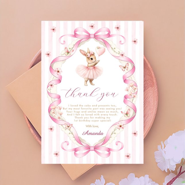 Tarjeta De Agradecimiento Pink Bow Gingham Bunny 1st Birthday (Subido por el creador)