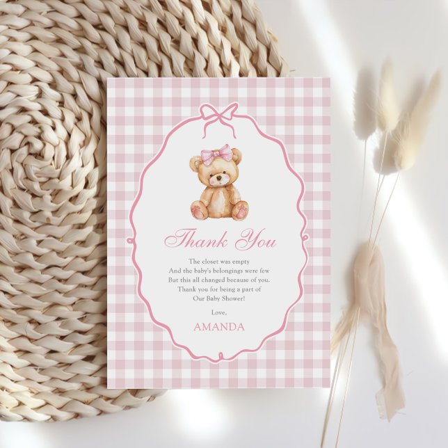 Tarjeta De Agradecimiento Pink Bow Gingham Teddy Bear Baby Shower (Subido por el creador)