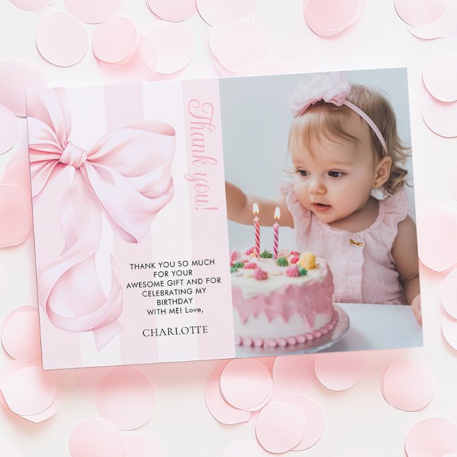Tarjeta De Agradecimiento Pink Bow Girl First Birthday Flat Thank You Card (Subido por el creador)