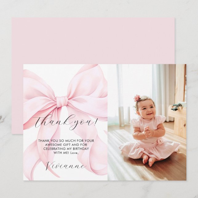 Tarjeta De Agradecimiento Pink Bow Girl First Birthday Flat Thank You Card (Anverso / Reverso)