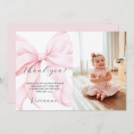 Tarjeta De Agradecimiento Pink Bow Girl First Birthday Flat Thank You Card