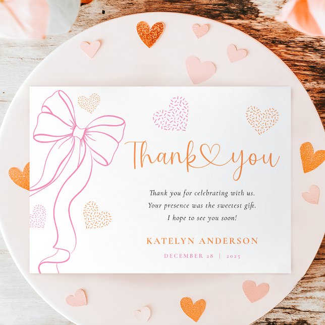 Tarjeta De Agradecimiento Pink Bow Hearts Baby Sprinkle Thank You Card (Subido por el creador)