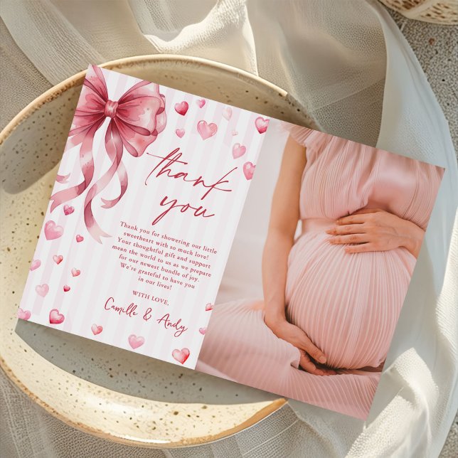 Tarjeta De Agradecimiento Pink Bow Hearts Valentines Baby Shower Photo (Subido por el creador)