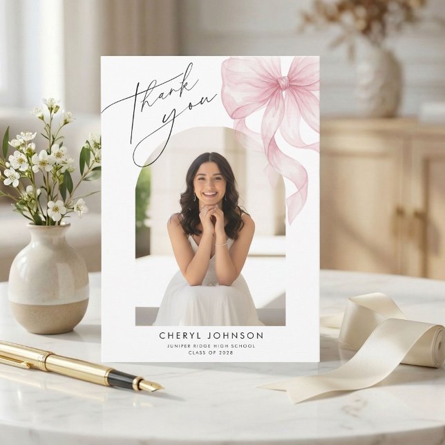 Tarjeta De Agradecimiento Pink Bow Photo Graduation Thank You Card (Subido por el creador)