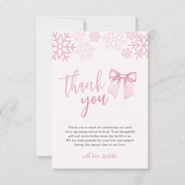 Tarjeta De Agradecimiento Pink Bow Snowflakes Winter Baby Shower (Anverso)