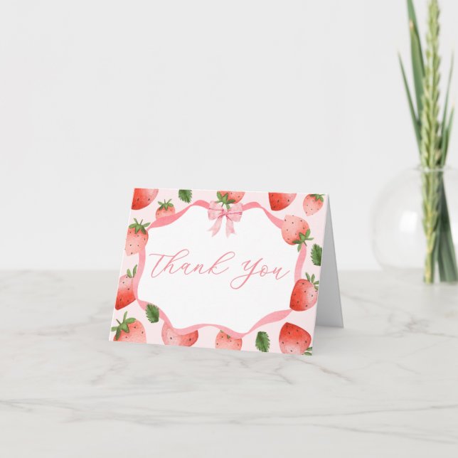 Tarjeta De Agradecimiento Pink Bow Strawberry Berry Sweet Baby Shower (Anverso)