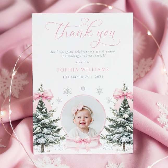Tarjeta De Agradecimiento Pink Bow Winter Onederland First Birthday (Subido por el creador)