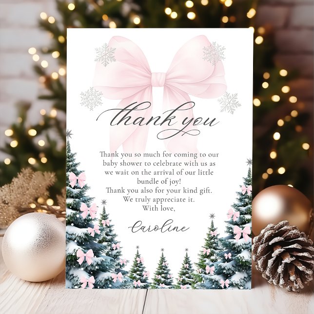 Tarjeta De Agradecimiento Pink Bow Winter Trees Baby Shower Thank You Card (Subido por el creador)