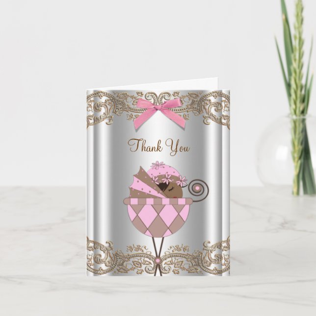 Tarjeta De Agradecimiento Pink Brown Baby Shower Gracias Cartas (Anverso)