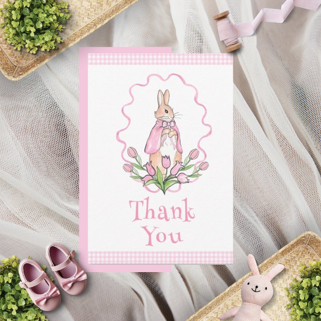 Tarjeta De Agradecimiento Pink Bunny Rabbit Gingham Floral Baby Shower (Subido por el creador)