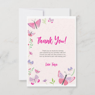 Tarjeta De Agradecimiento Pink Butterfly Birthday Thank You Card