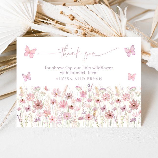 Tarjeta De Agradecimiento Pink Butterfly Wildflowers Baby Shower (Subido por el creador)