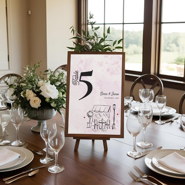 Tarjeta De Agradecimiento Pink Café Sketch Wedding Reception Table Number (Pink Café Sketch Wedding Reception Table Number)