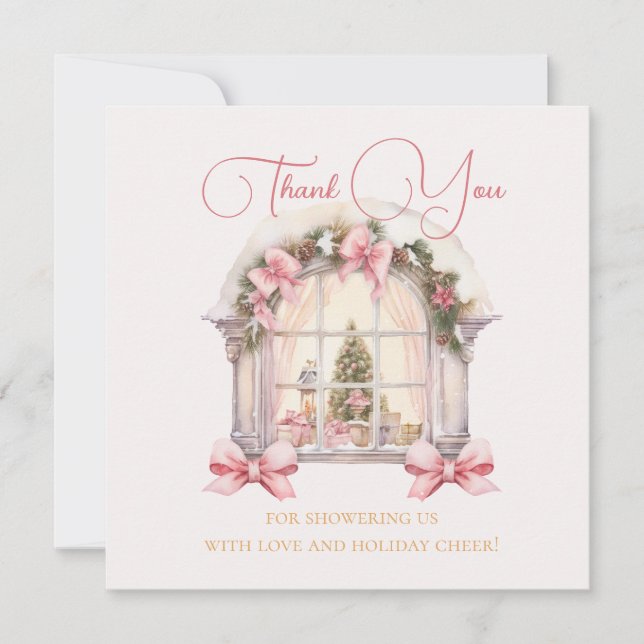 Tarjeta De Agradecimiento Pink Christmas Window Baby Shower Watercolor  (Anverso)