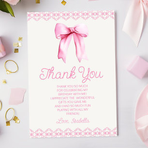 Tarjeta De Agradecimiento Pink Coquette Bow Birday Party