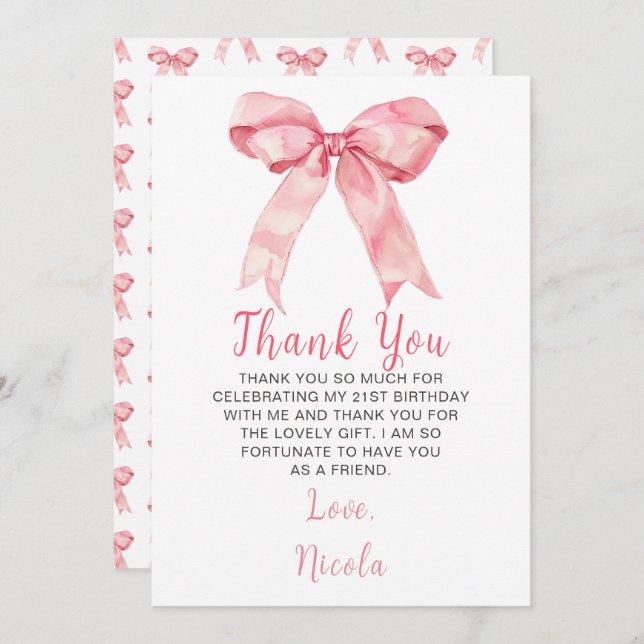 Tarjeta De Agradecimiento Pink Coquette Bow Birday Party (Anverso / Reverso)