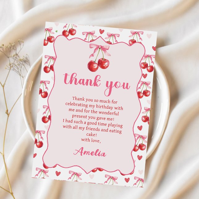 Tarjeta De Agradecimiento Pink Coquette Bow Cherry Birthday (Día de la Cerez (Subido por el creador)