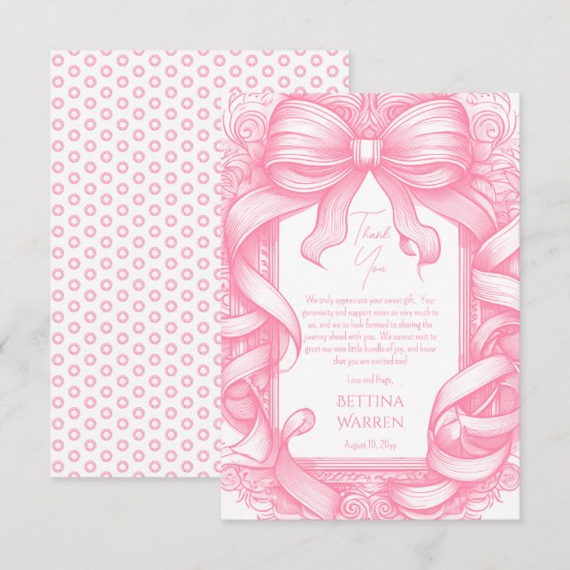 Tarjeta De Agradecimiento Pink Coquette Bow Ribbon Toile de Jouy Baby Shower (Anverso / Reverso)