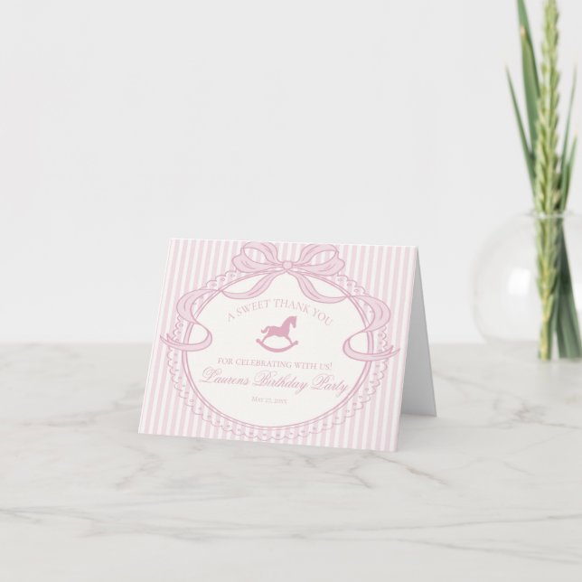 Tarjeta De Agradecimiento Pink Coquette Bow Rocking Hors Birthday Thank You  (Anverso)