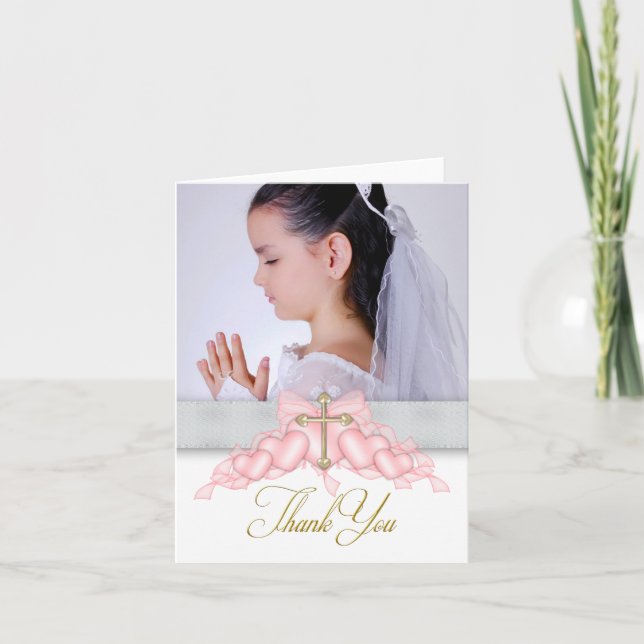 Tarjeta De Agradecimiento Pink Cross Photo First Communion Thank You Cards (Anverso)