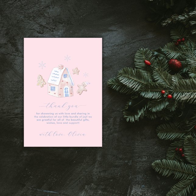 Tarjeta De Agradecimiento Pink Cute Girl Gingerbread Village Baby Shower  (Pink Cute Girl Gingerbread Village Baby Shower Thank You Card)