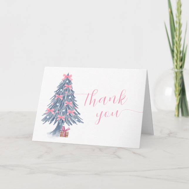 Tarjeta De Agradecimiento Pink Cute Winter Bow Christmas Tree Baby Shower  (Anverso)