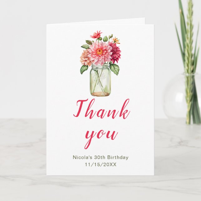 Tarjeta De Agradecimiento Pink Dahlias Mason Jar Birthday Party (Anverso)