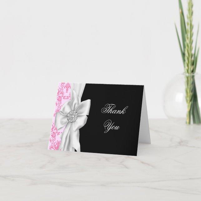 Tarjeta De Agradecimiento Pink Damask Pink Black Gracias Cartas (Anverso)