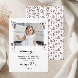 Tarjeta De Agradecimiento Pink Doodle Bow Baby Girl Primer Cumpleaños