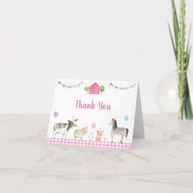 Tarjeta De Agradecimiento Pink Farm Animals Barnyard Birthday (Anverso)