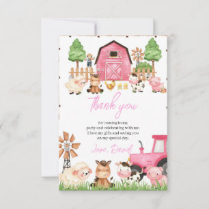Tarjeta De Agradecimiento Pink Farm Animals Fiesta de cumpleaños