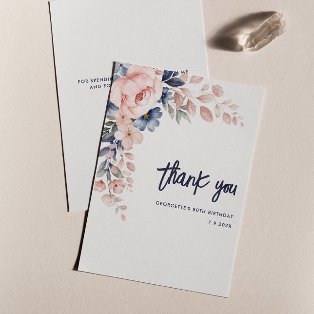 Tarjeta De Agradecimiento Pink Floral 80th Birthday Watercolor (80th Birthday Pink Floral Script Thank You Card)