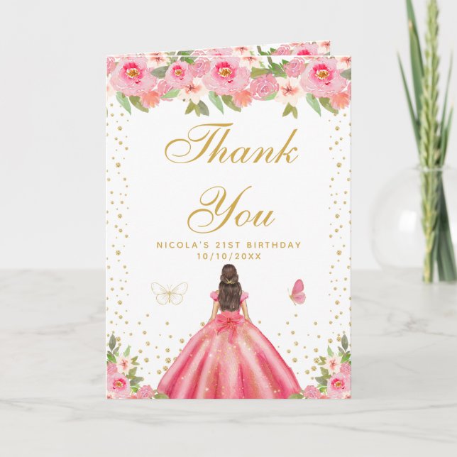 Tarjeta De Agradecimiento Pink Floral Brunette Hair Girl Birthday Party (Anverso)