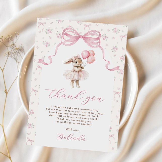 Tarjeta De Agradecimiento Pink Floral Coquette Bow Bunny 1st Birthday (Subido por el creador)