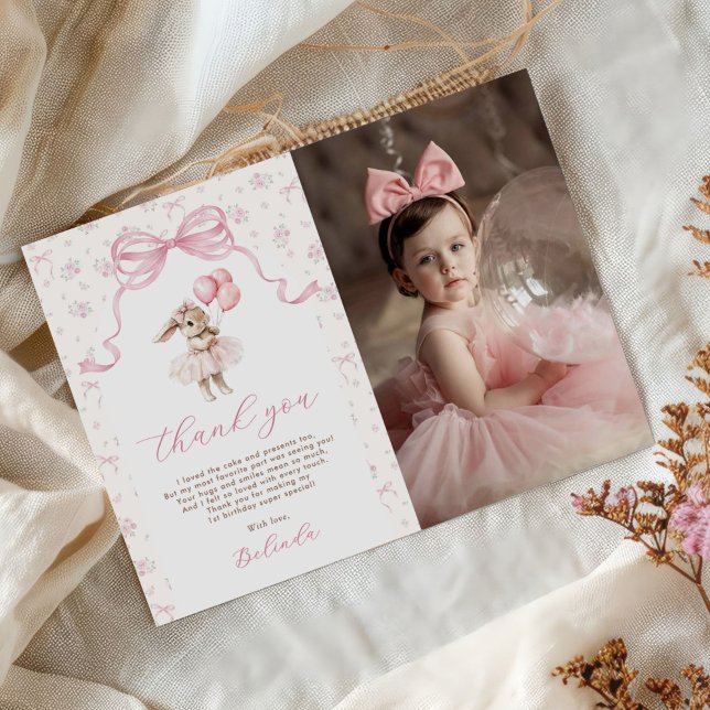 Tarjeta De Agradecimiento Pink Floral Coquette Bow Bunny 1st Birthday Photo (Subido por el creador)