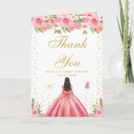 Tarjeta De Agradecimiento Pink Floral Dark Skin Girl Sweet Sixteen