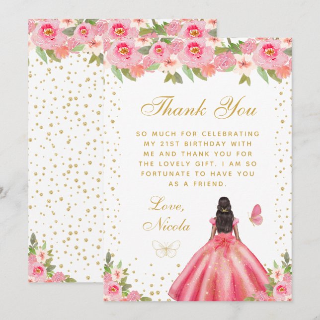 Tarjeta De Agradecimiento Pink Floral Dark Skin Princess Birthday Party (Anverso / Reverso)
