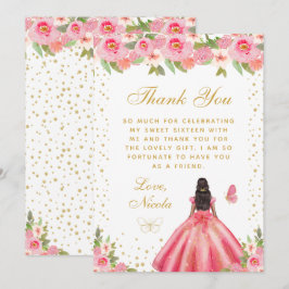 Tarjeta De Agradecimiento Pink Floral Dark Skin Princess Sweet Sixteen