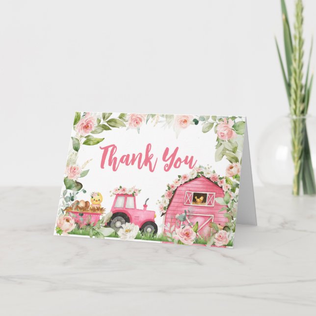 Tarjeta De Agradecimiento Pink Floral Farm Barnyard Baby Shower (Anverso)
