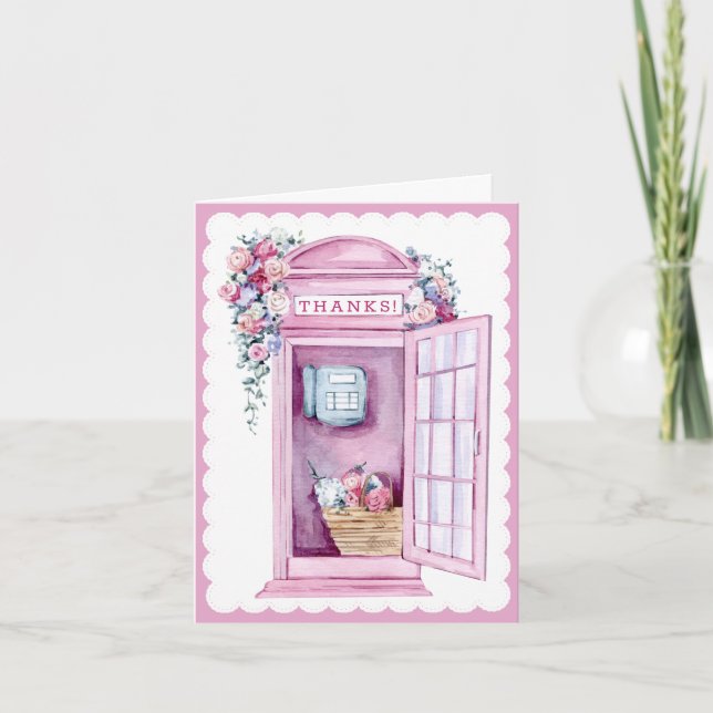 Tarjeta De Agradecimiento Pink Floral Phone Booth | Gracias (Anverso)