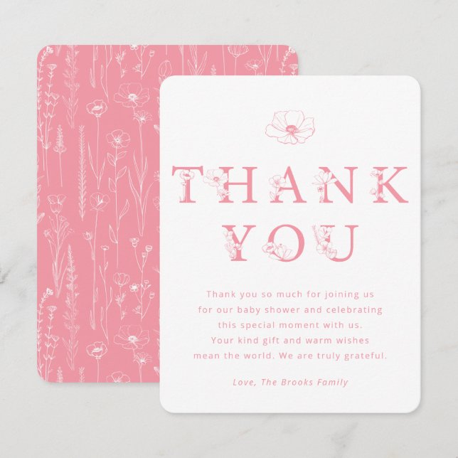 Tarjeta De Agradecimiento Pink Floral Thank You Card | Baby Shower (Anverso / Reverso)