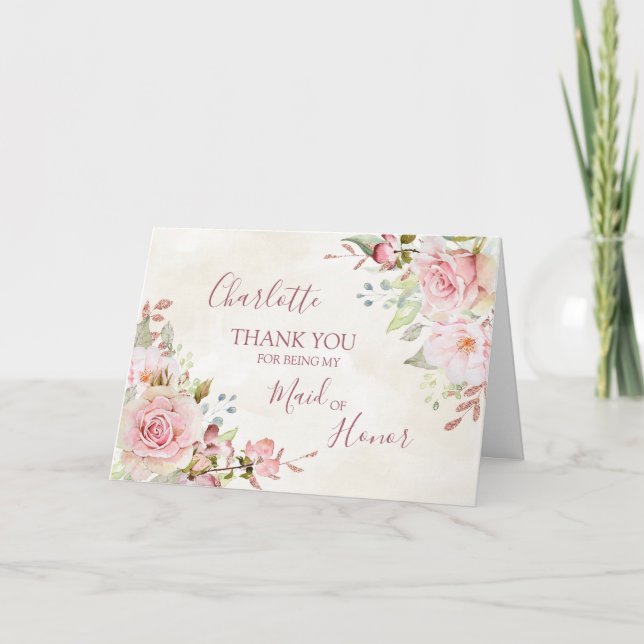 Tarjeta De Agradecimiento Pink Floral Wedding Maid of Honor Thank You (Anverso)