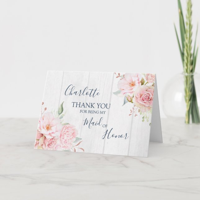 Tarjeta De Agradecimiento Pink Floral Wedding Maid of Honor Thank You (Anverso)