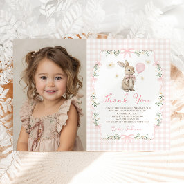 Tarjeta De Agradecimiento Pink Gingham Bunny Bow Girl Birthday Photo