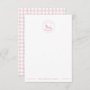 Tarjeta De Agradecimiento Pink Gingham Cute Rocse Horse Baby Shower