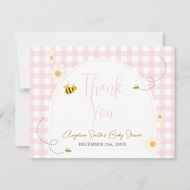 Tarjeta De Agradecimiento Pink Gingham Daisies Bee Baby Shower Thank You (Anverso)